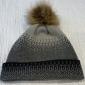 Ski Doo Ladies Gray and Black Knit Beanie with Faux Fur Pom